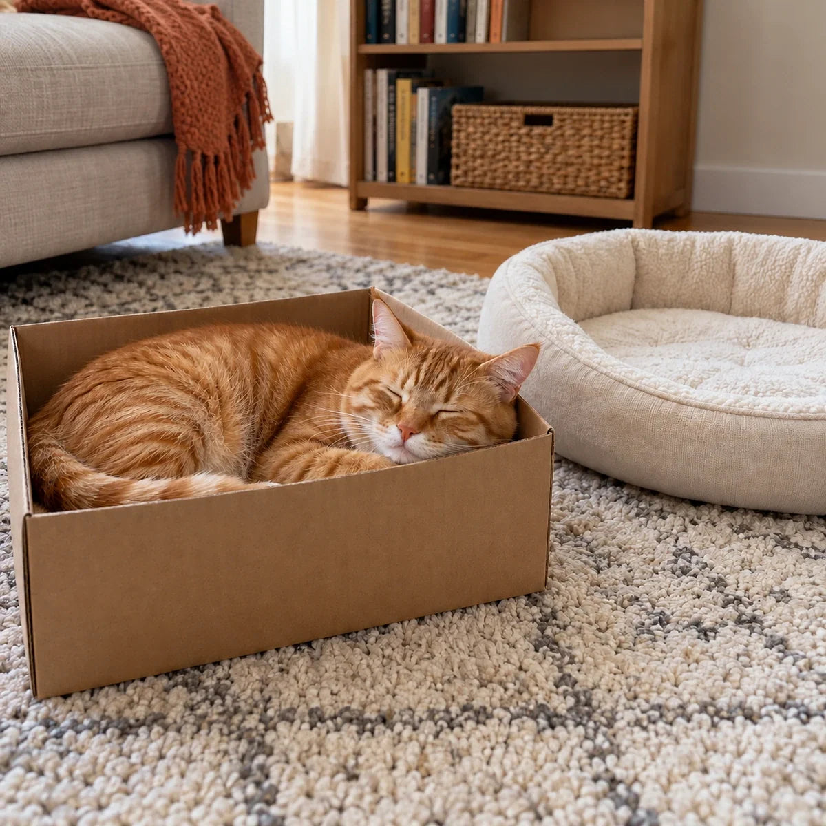 Orange tabby cat asleep in a cardboard box beside an unused cream cat bed