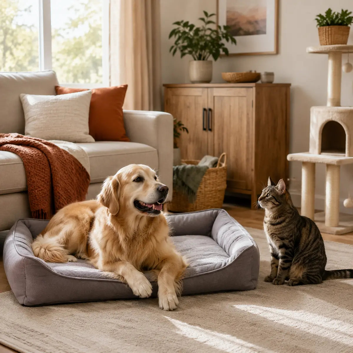 Fall pet home reset with a dog bed and cat activity area