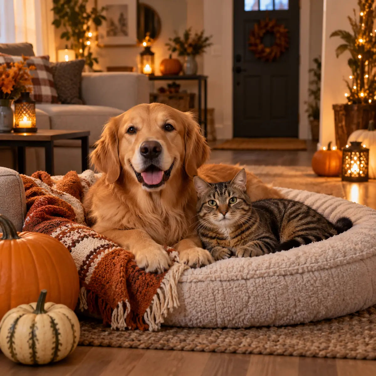 Dog and cat resting safely in a cozy Halloween living room
