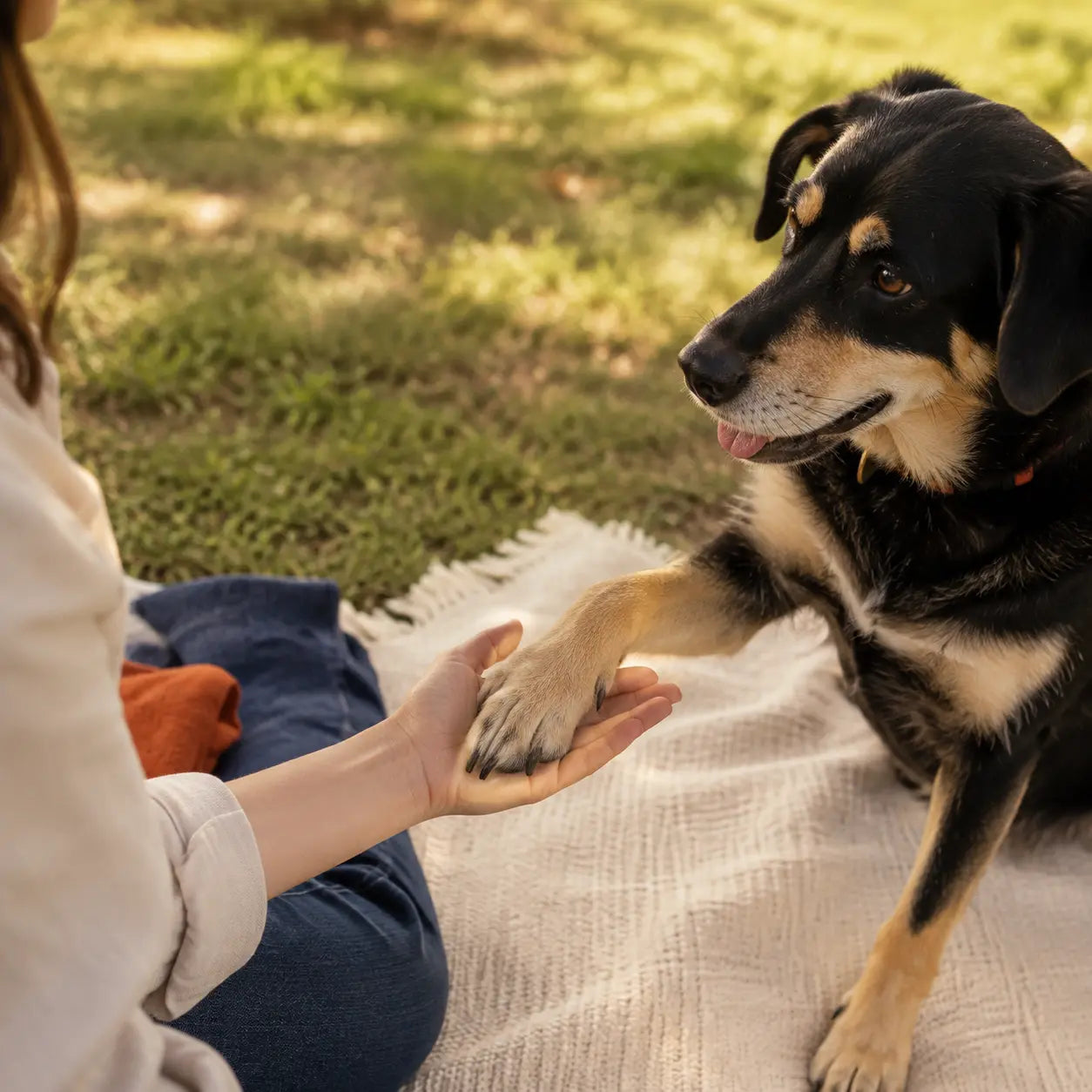 Mixed-breed dog placing a paw in the owner's hand during a quiet park moment