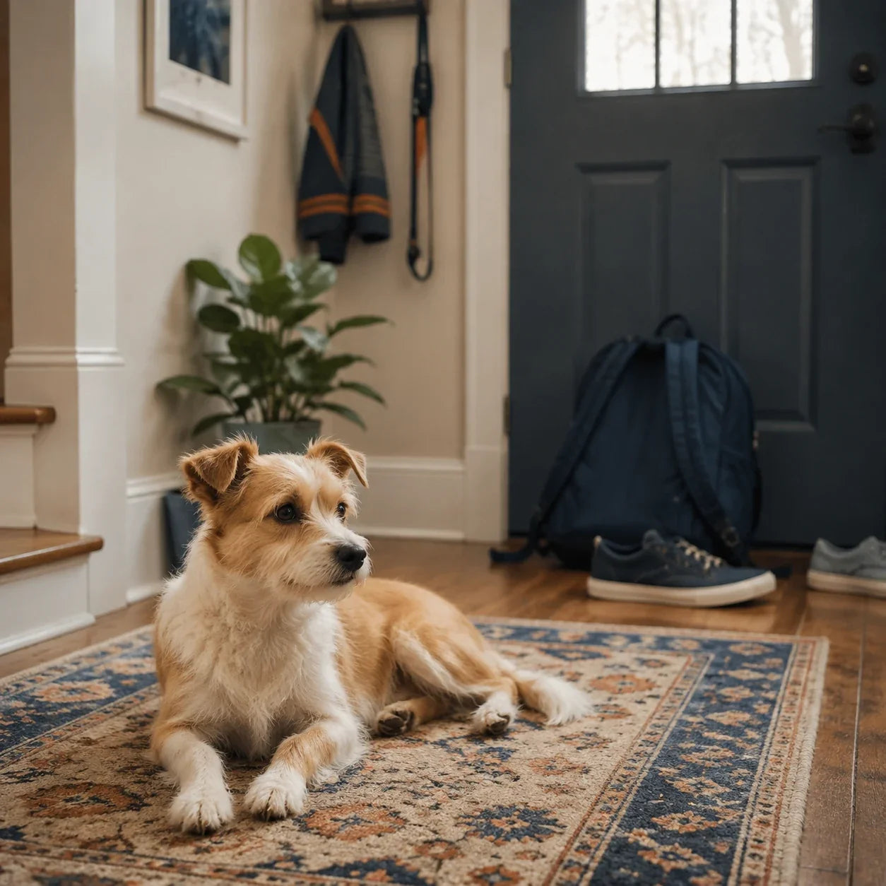 Small terrier resting calmly by a backpack in a home entryway