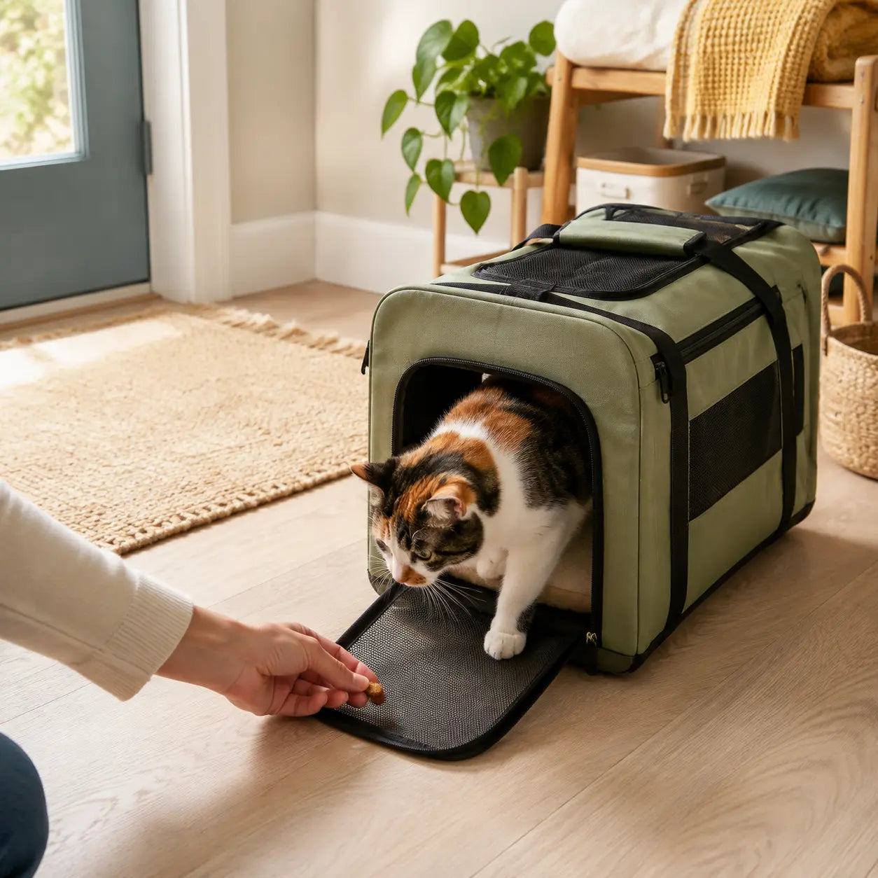 Calico cat calmly practicing with an open carrier at home