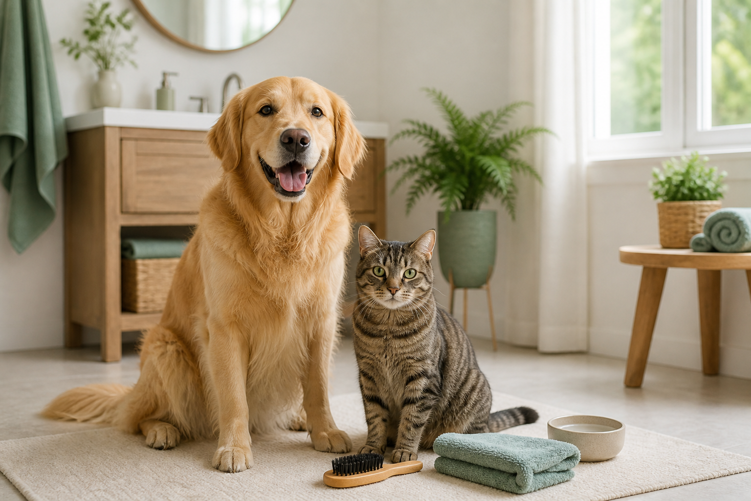 Dog and cat beside simple at-home grooming supplies