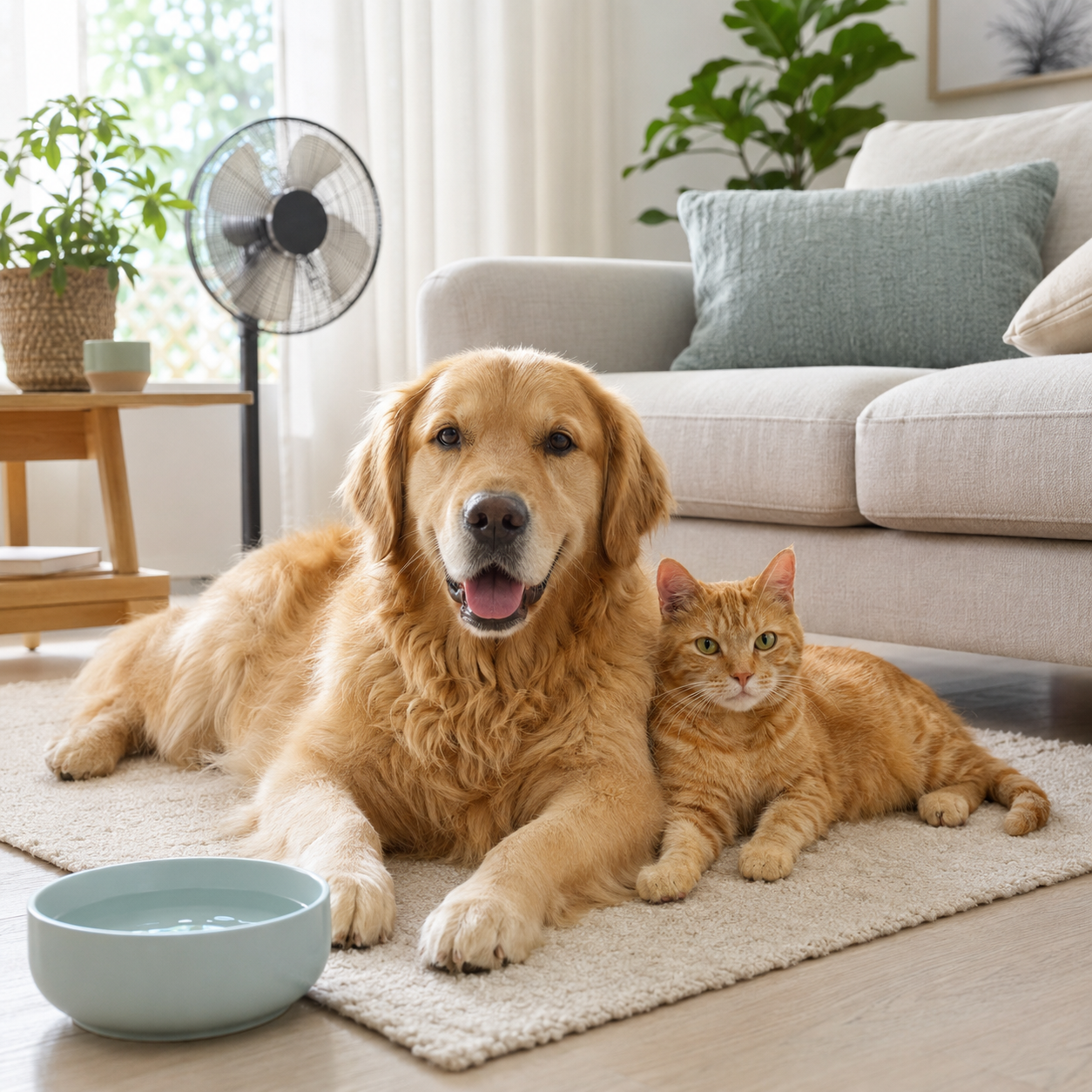 Golden retriever and orange tabby relaxing in a cool living room during summer