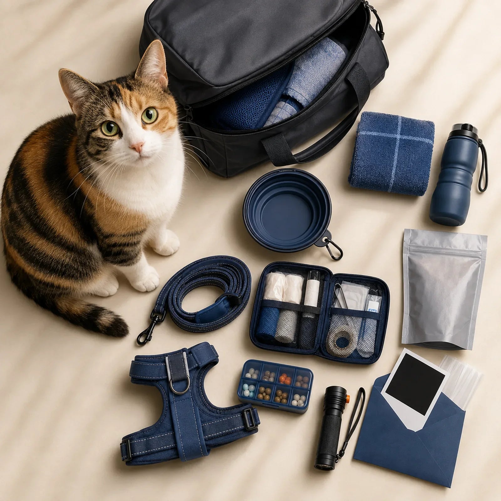 Calico cat beside an organized pet emergency kit with food, water, leash, harness, first-aid supplies and documents