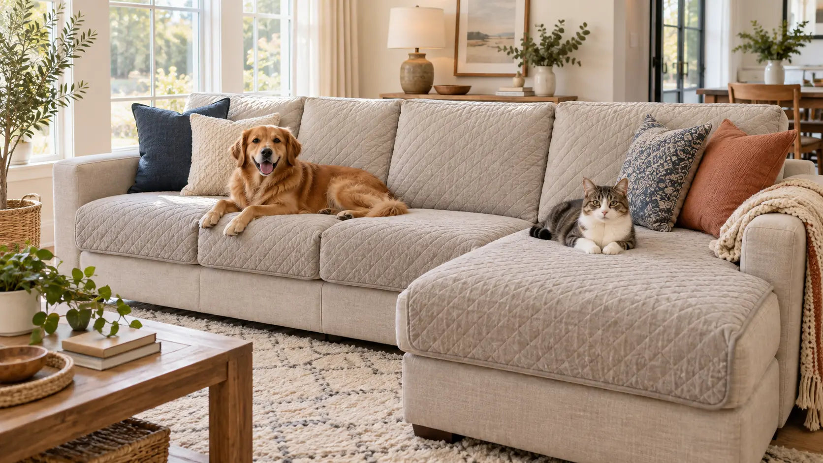 Dog and cat relaxing on a pet-friendly sectional couch cover