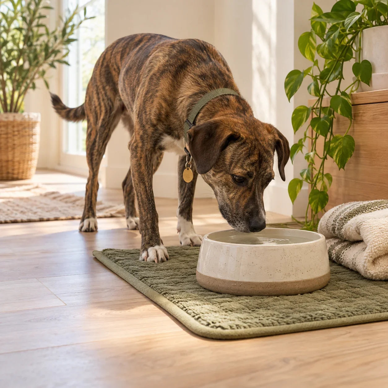 Brindle shelter dog exploring a water bowl in a quiet new home