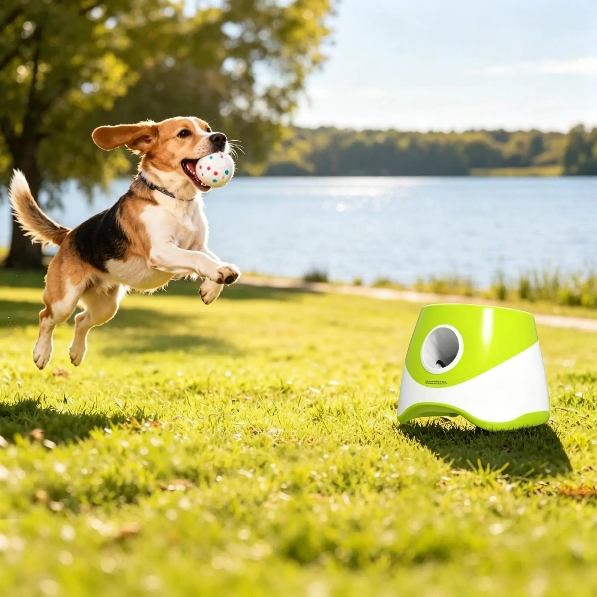 Green automatic dog ball launcher with a dog playing outdoors