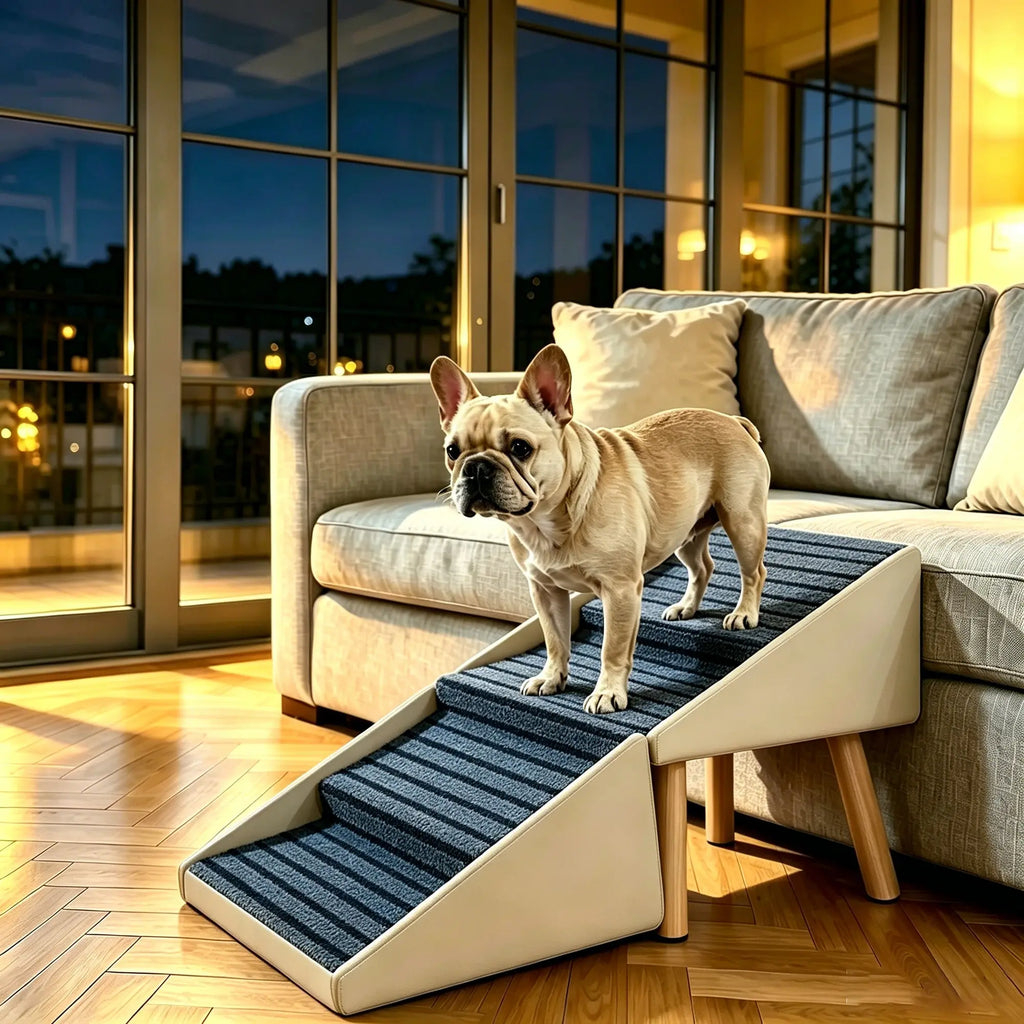 Beige foldable pet ramp beside a sofa with a small dog