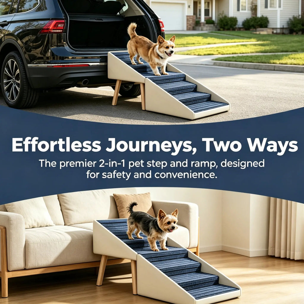 Beige six-step dog stairs used beside a bed and outdoors