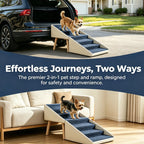 Beige six-step dog stairs used beside a bed and outdoors
