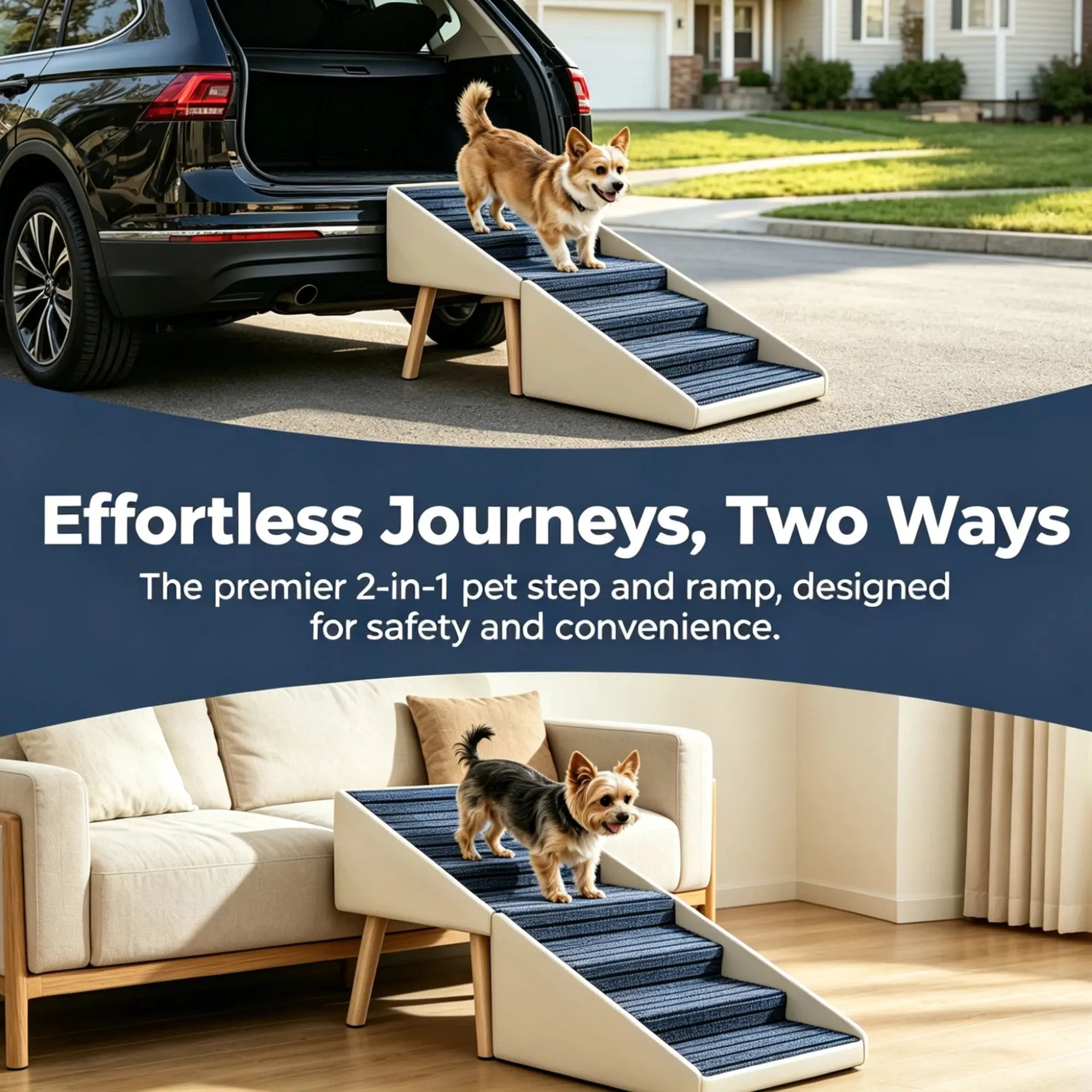 Beige six-step dog stairs used beside a bed and outdoors