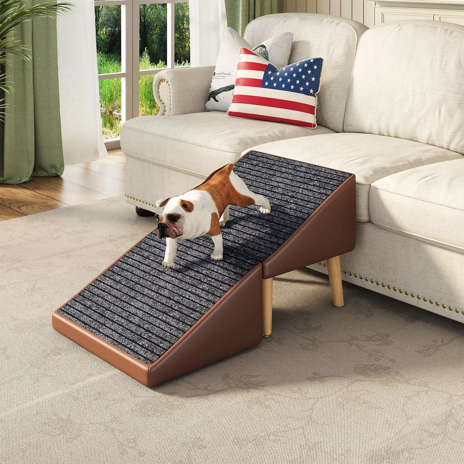 Brown pet ramp beside a sofa with a small dog