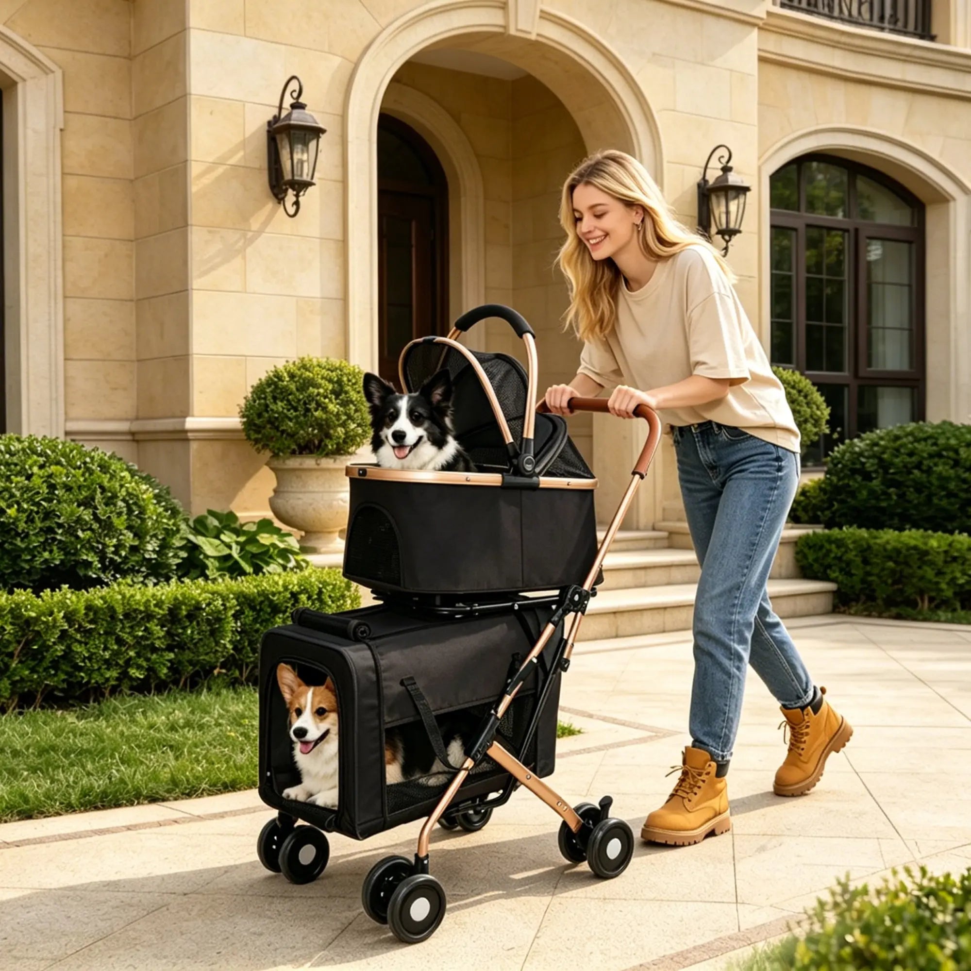 Black double-deck pet stroller with two small dogs outdoors