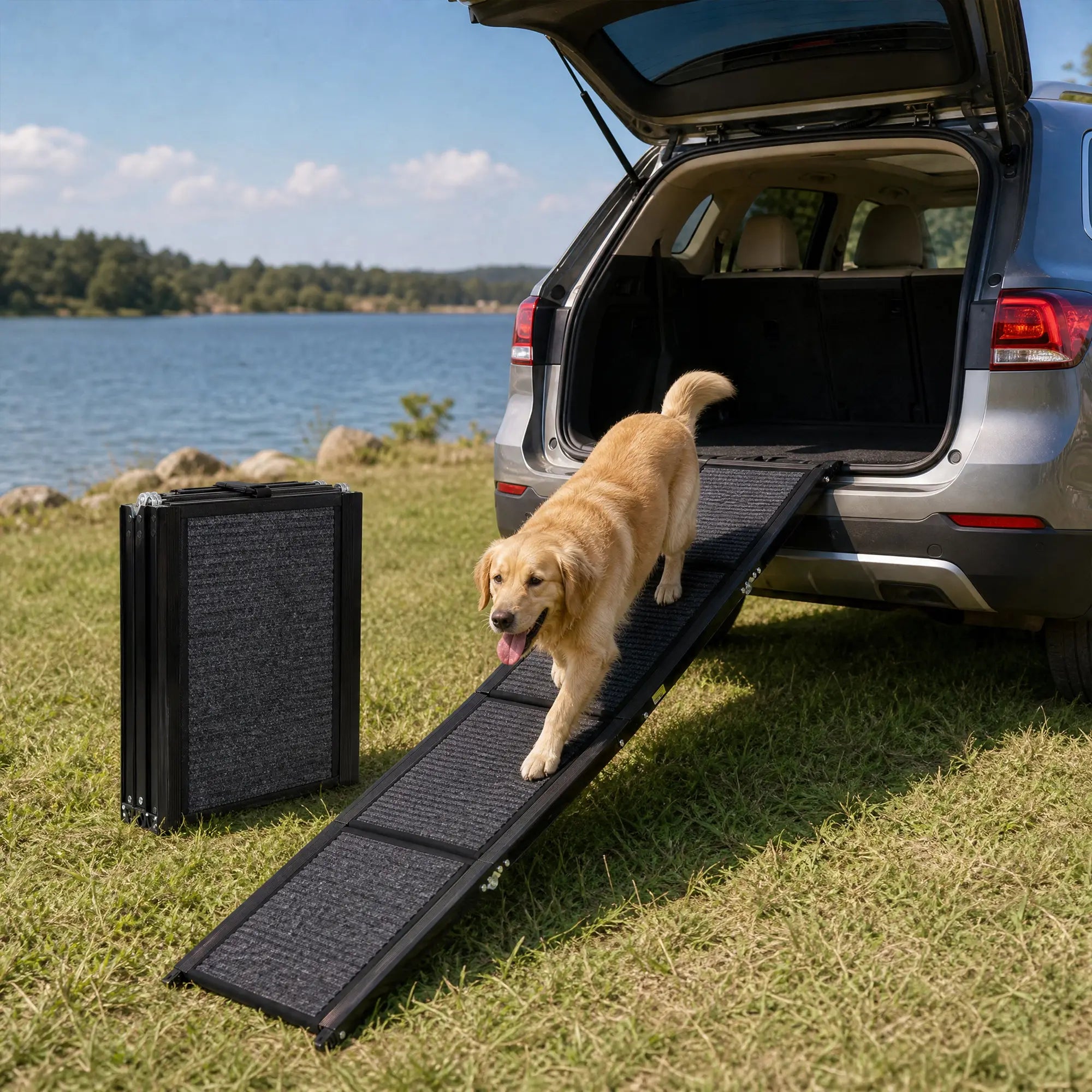 Black folding dog ramp helping a large dog exit an SUV Main image