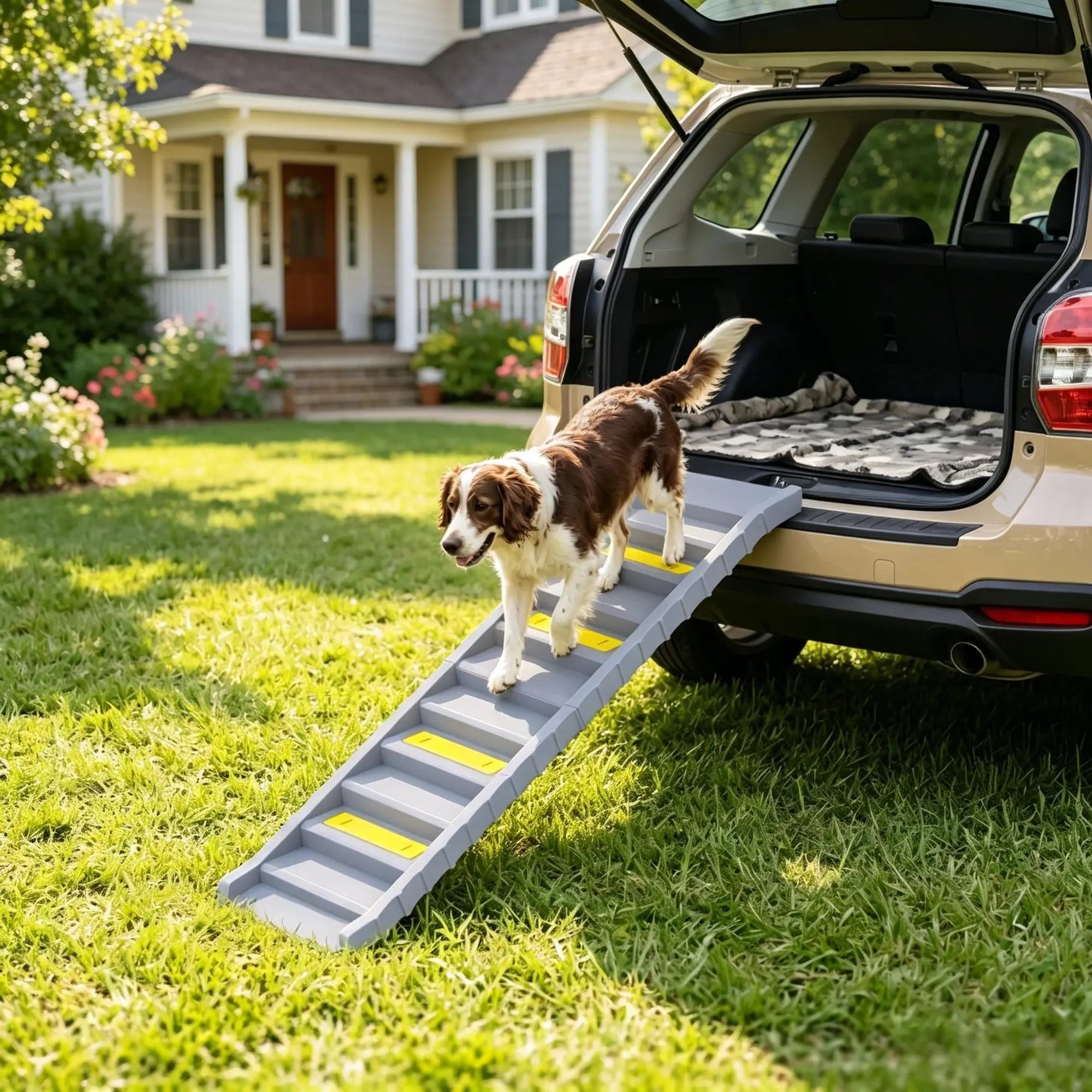 Gray foldable dog ramp with a dog exiting an SUV