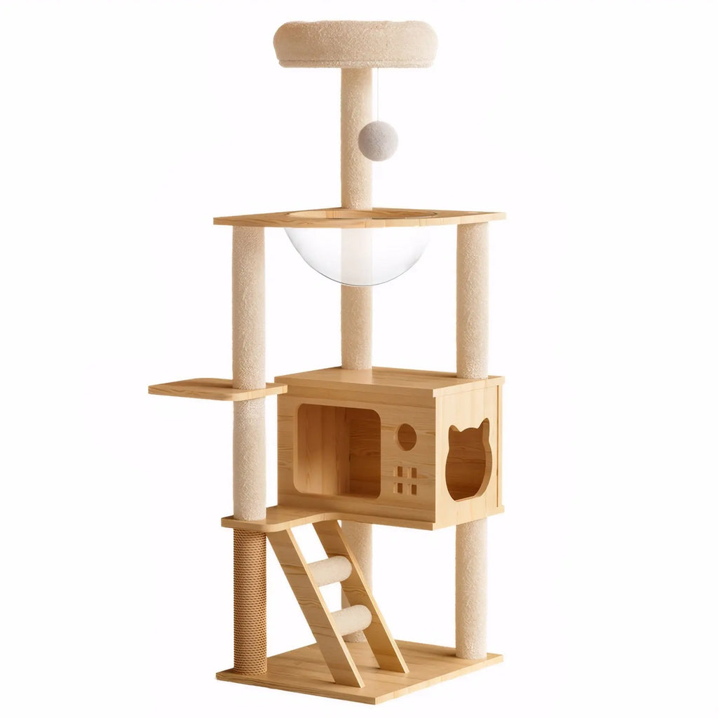 Modern wooden cat tower in natural wood and ivory