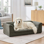 Oversized dark gray dog sofa with a large dog in a living room
