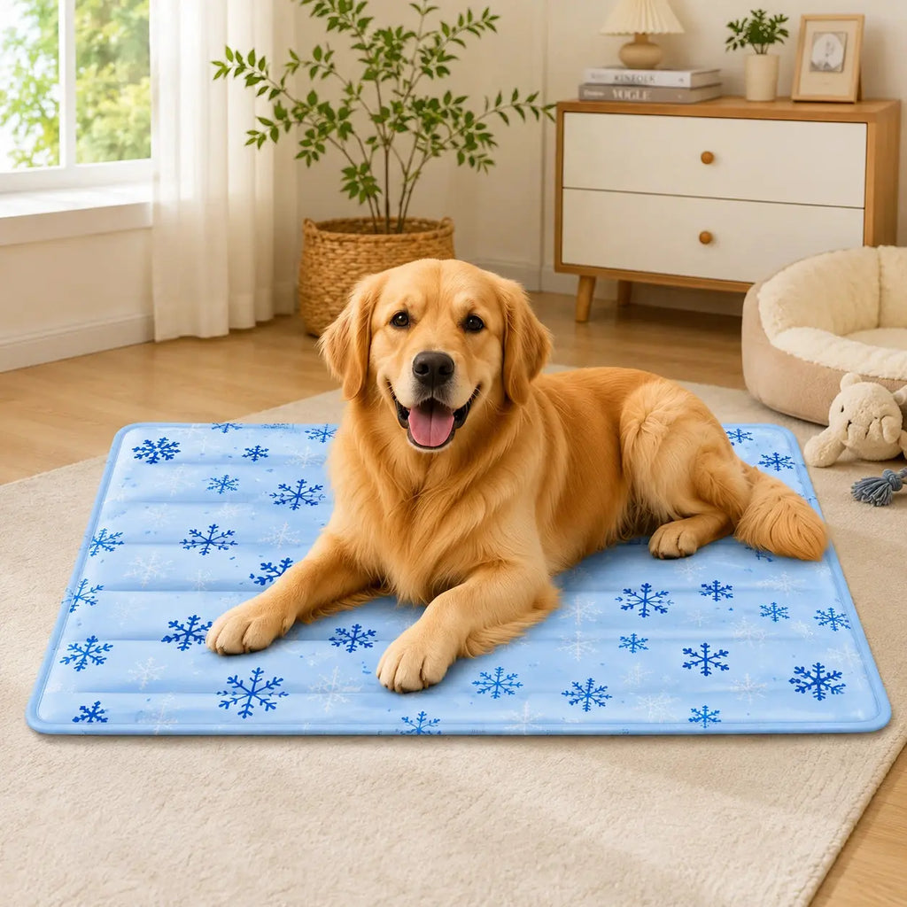 Self-cooling gel pet mat for dogs in a bright living room