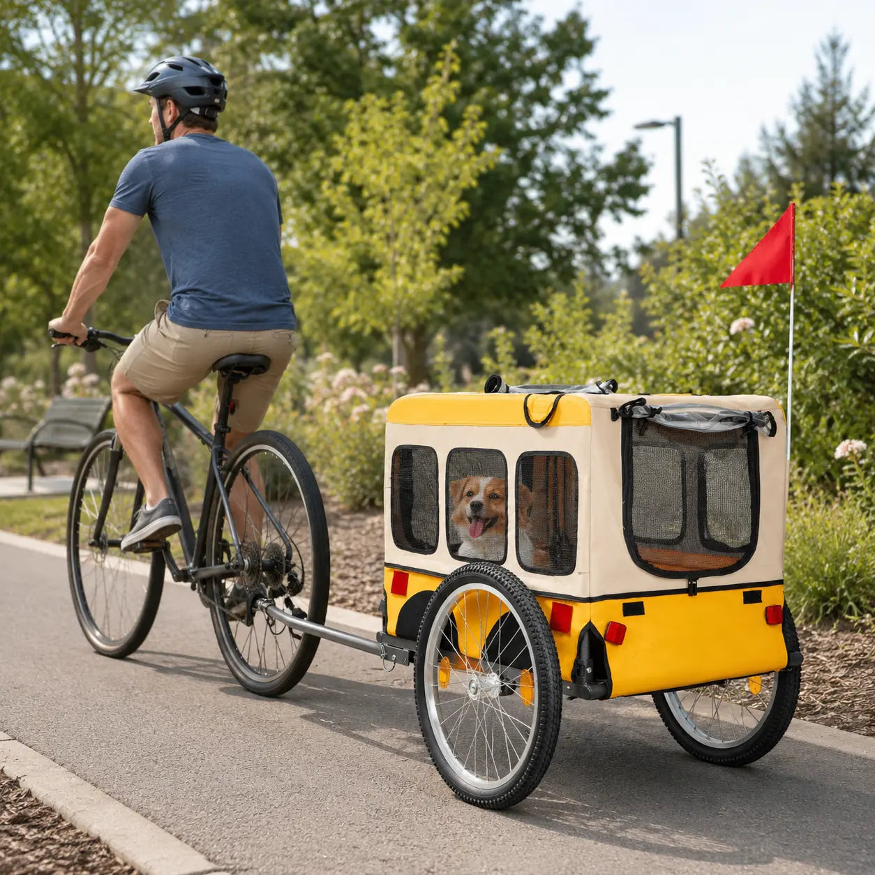 Yellow dog bike trailer attached to a bicycle on a park path Main image