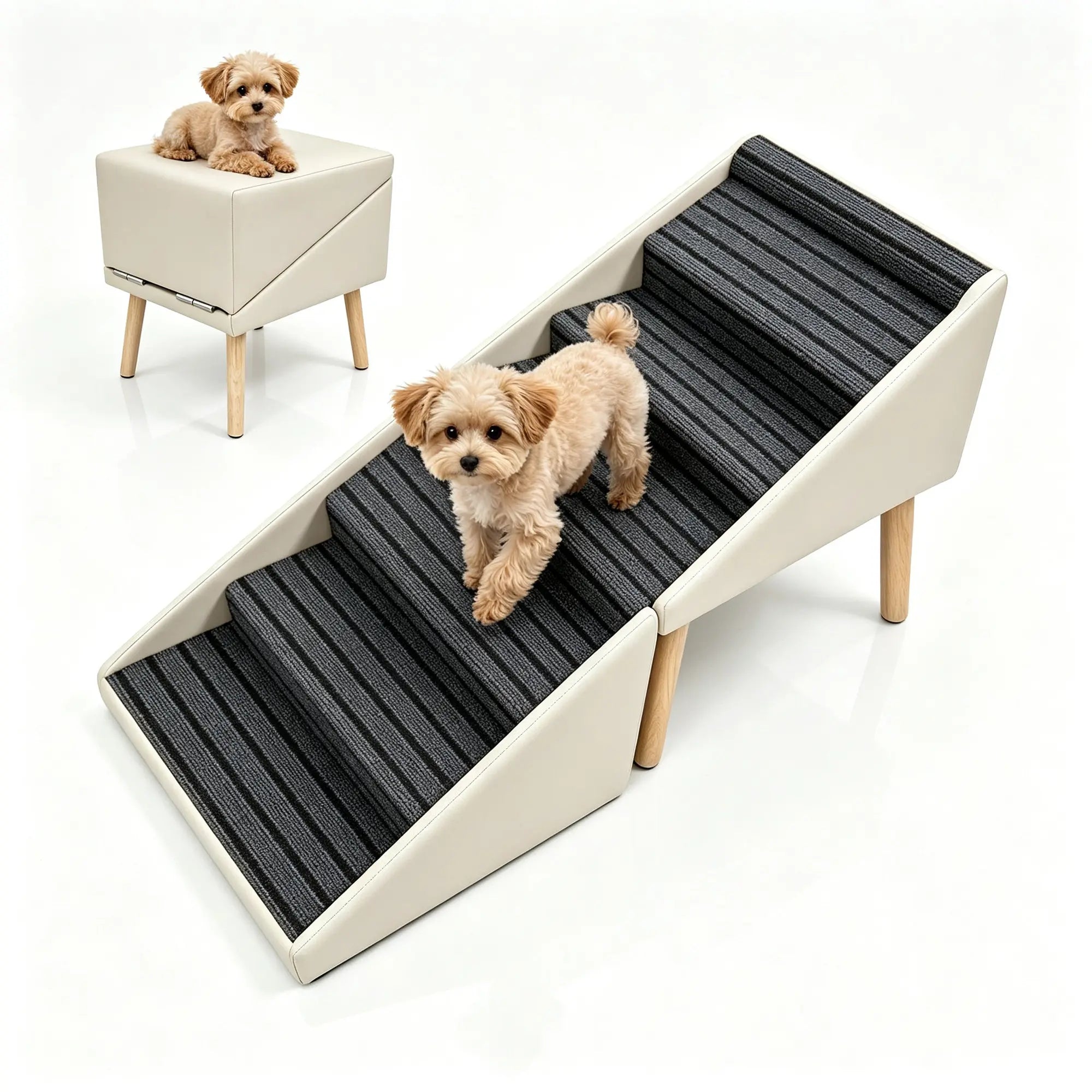 Beige six-step foldable dog stairs and ottoman
