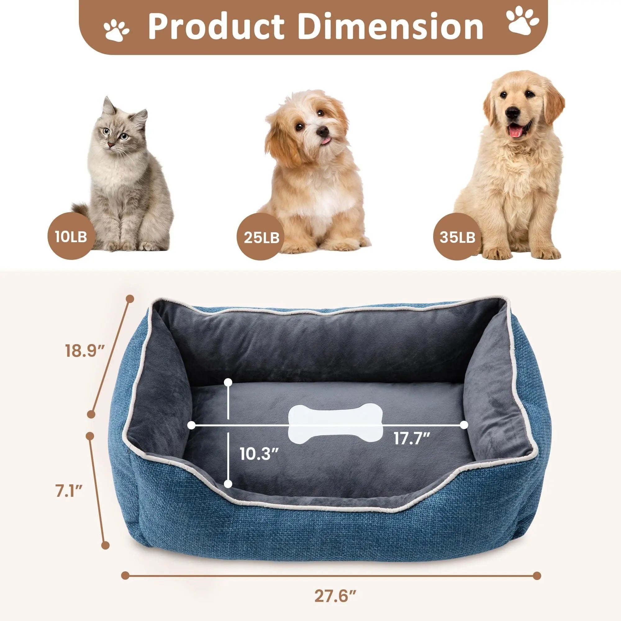 Blue bolster pet bed dimensions and recommended pet weights