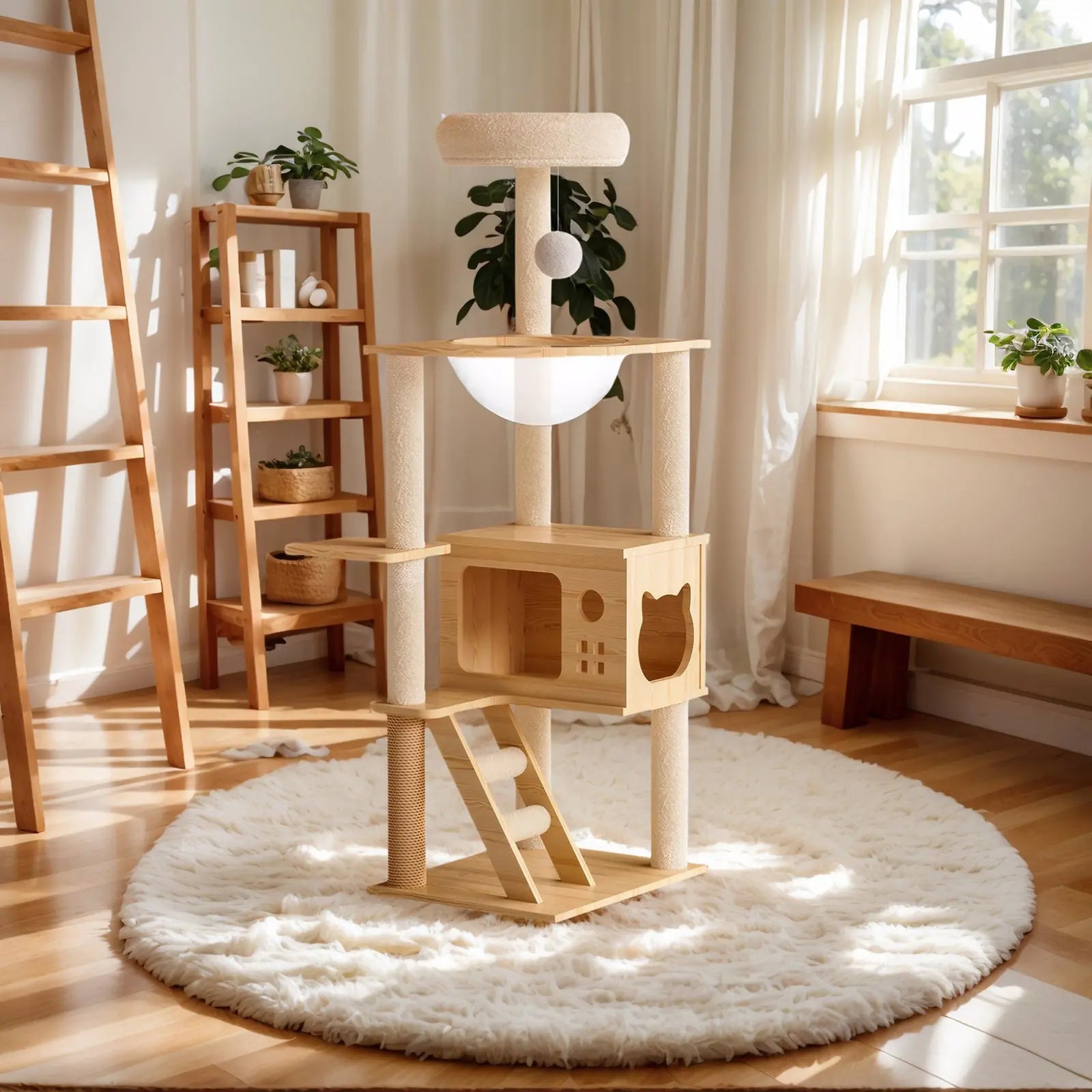 Modern wooden cat tower in a warm sunlit living room