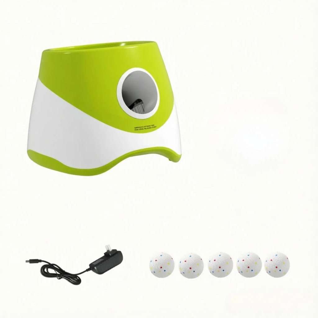 Green automatic dog ball launcher with five ETPU balls and power accessories