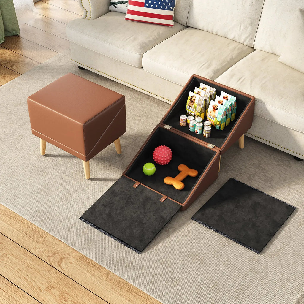 Brown three-in-one pet ramp, storage box and ottoman
