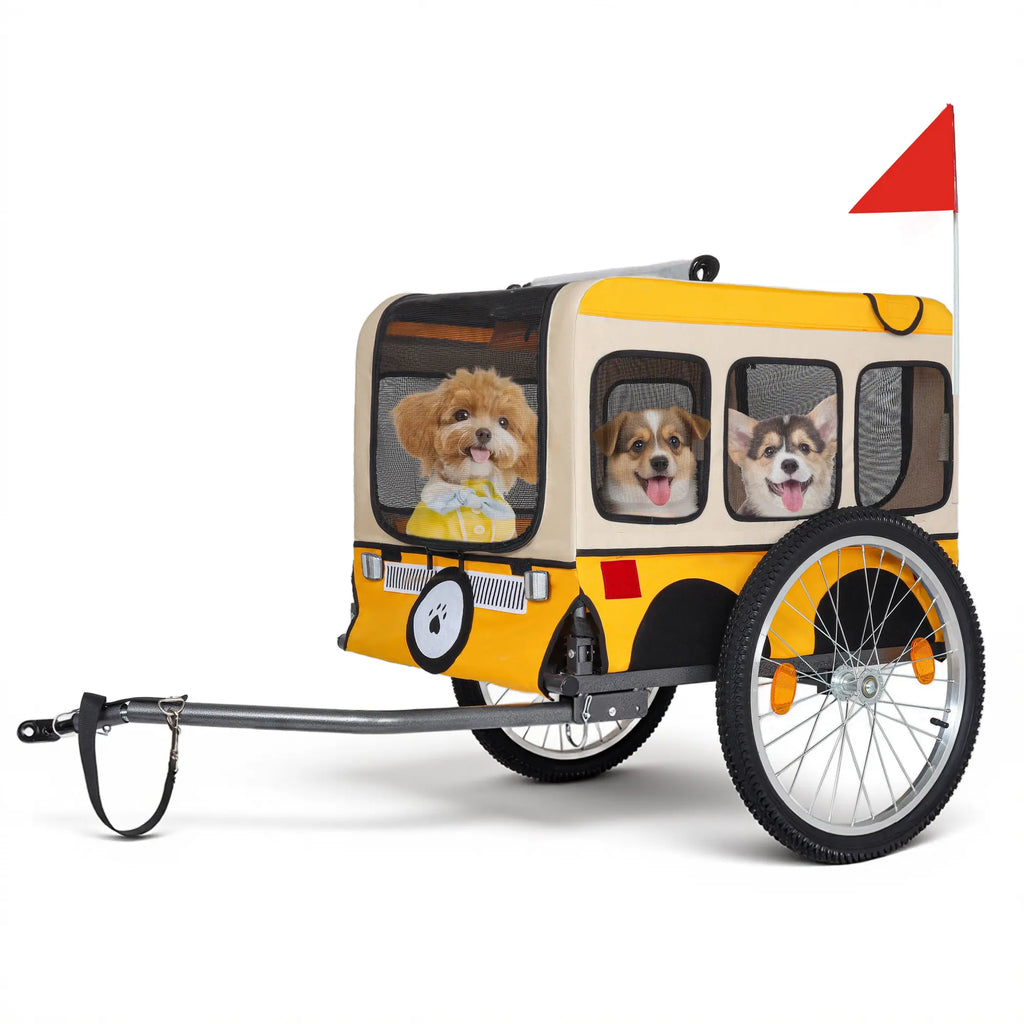 Yellow and cream foldable dog bike trailer