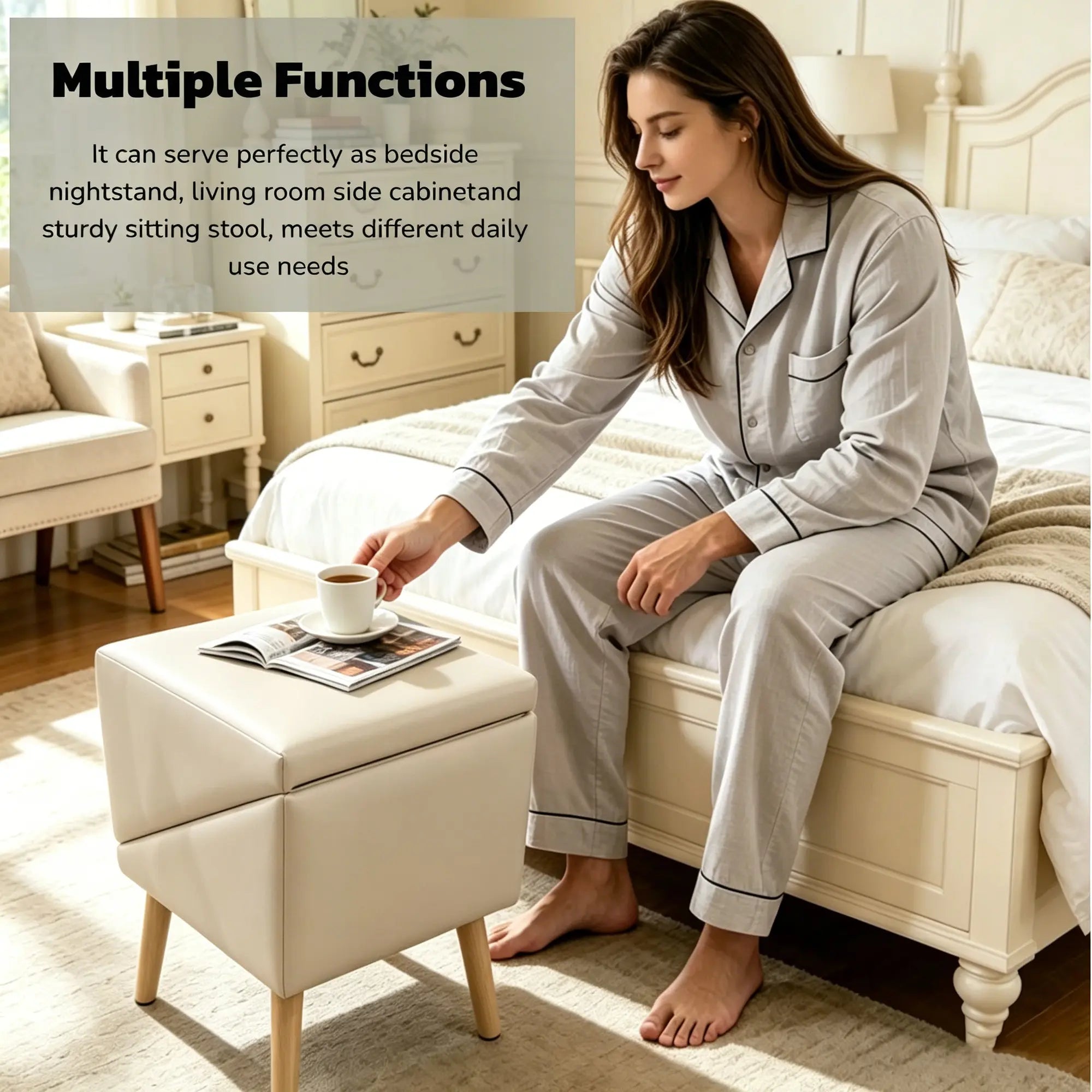 Beige pet ramp folded into an ottoman and side table