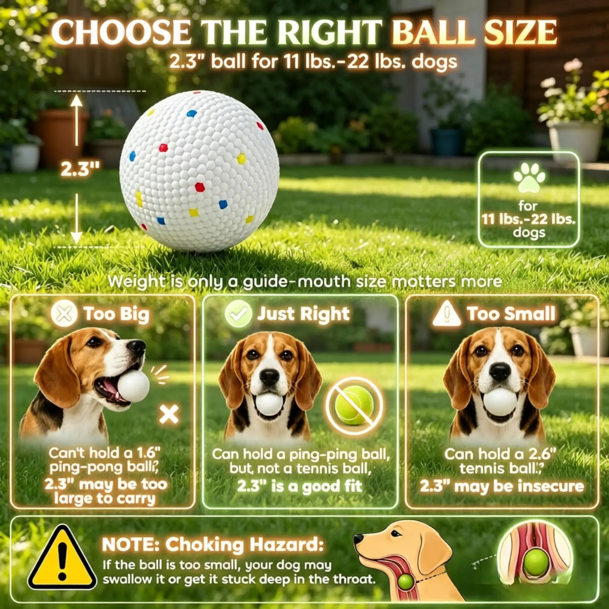 Dog ball launcher 2.3 inch ball size guide and choking warning