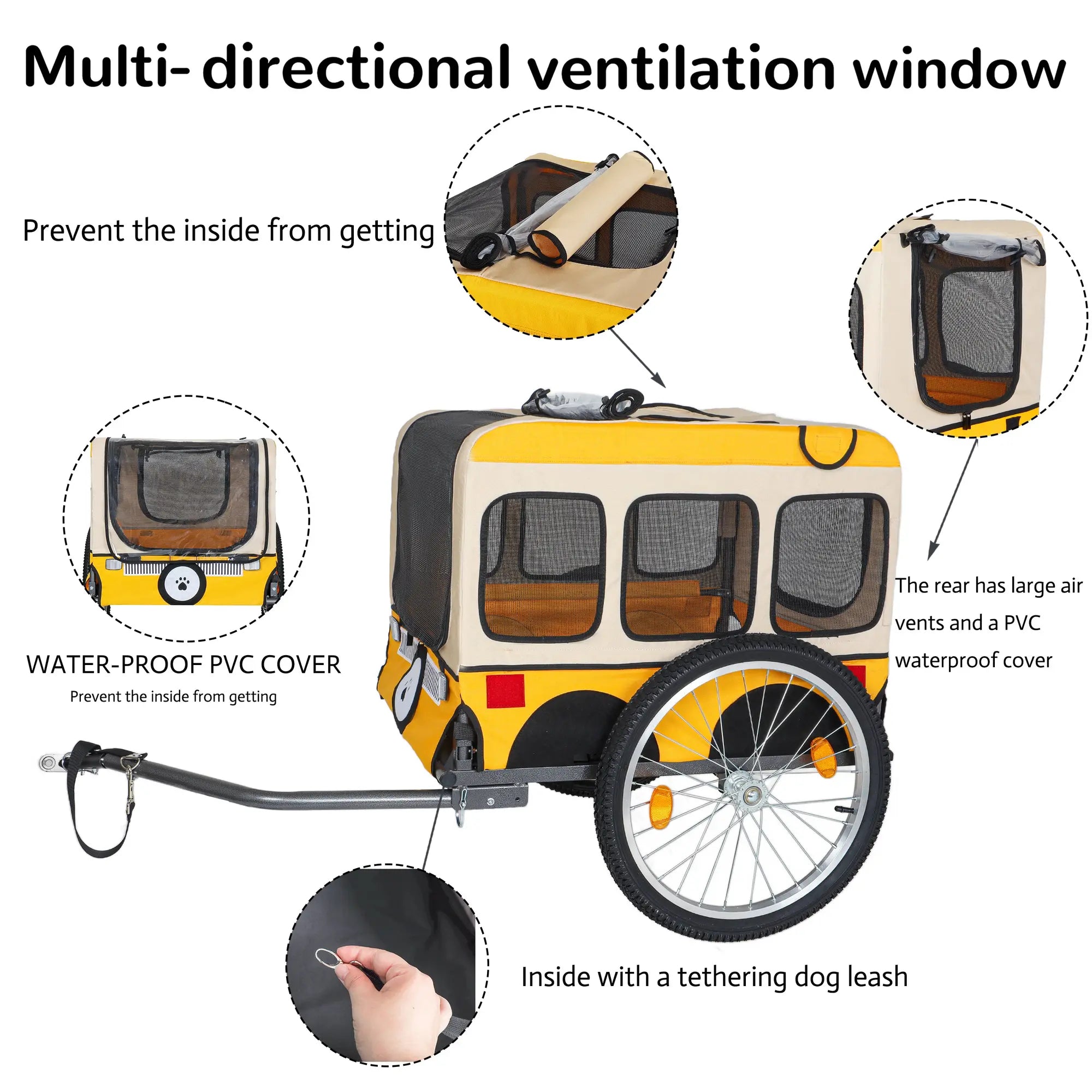 Yellow dog bike trailer mesh ventilation and weather cover details