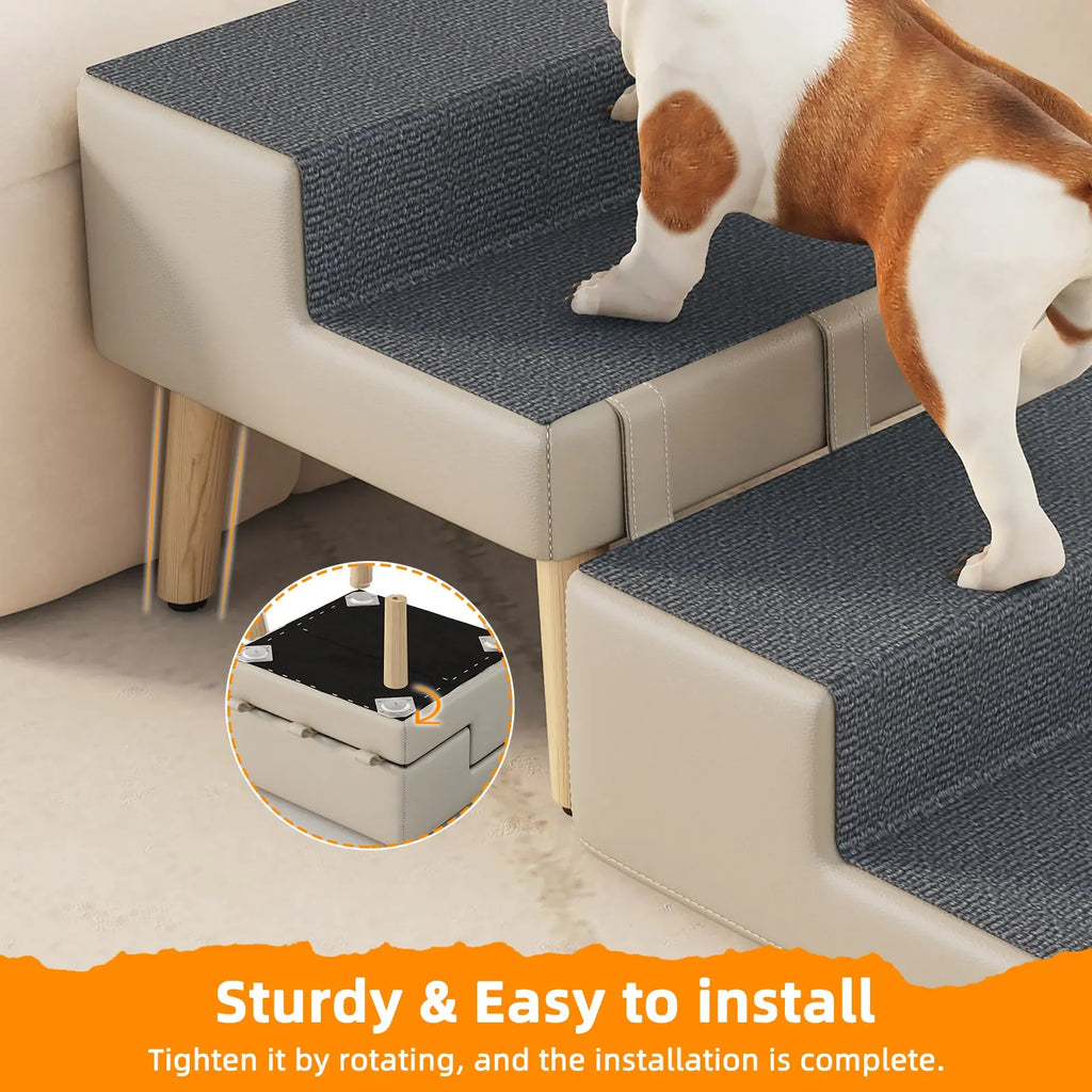 Light gray dog stairs wood leg installation detail