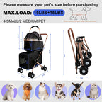 Double-deck pet stroller dimensions and 15 lb capacity per level