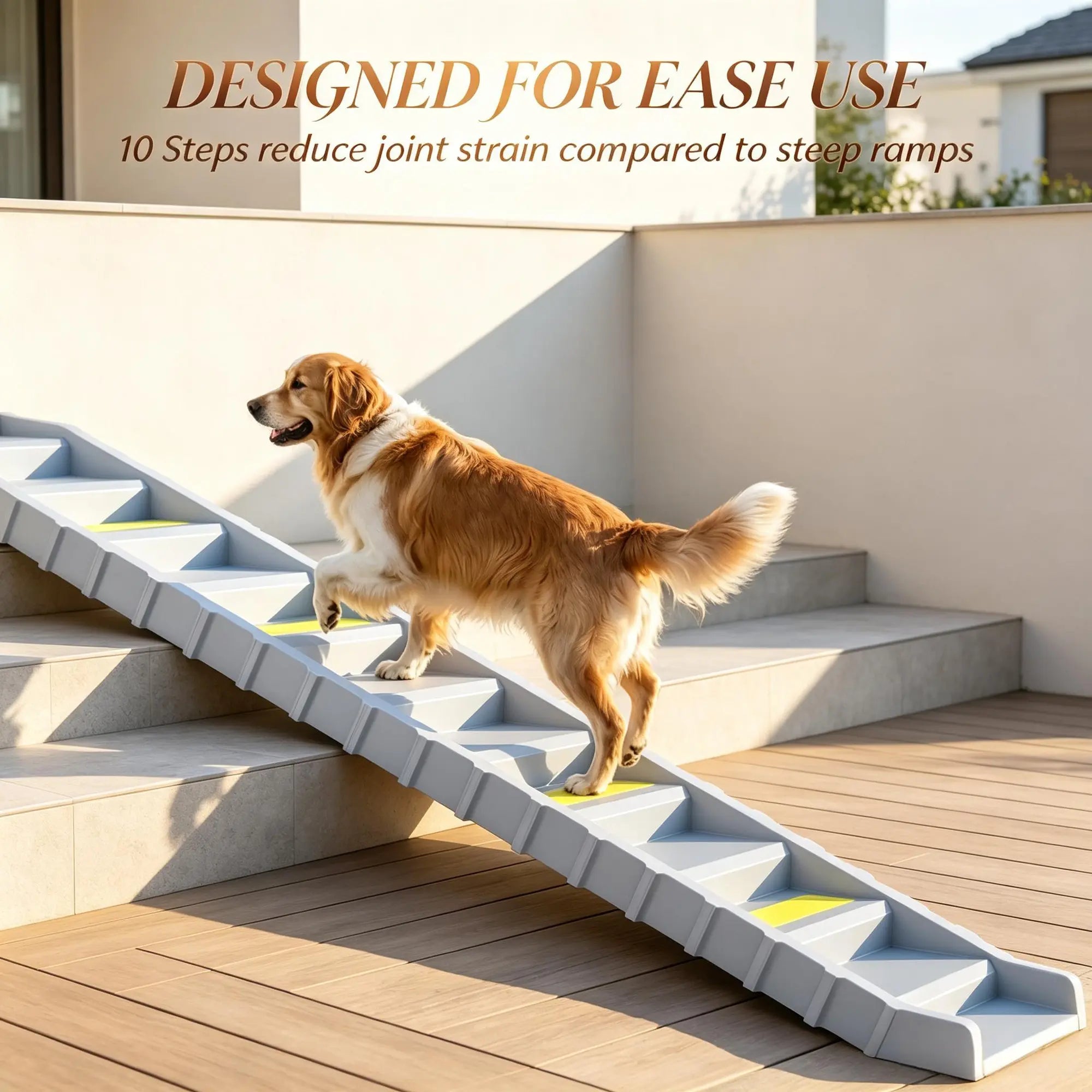 Gray ten-step dog ramp used beside indoor stairs