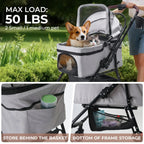 Gray pet stroller with dog, storage basket and 50 lb maximum load