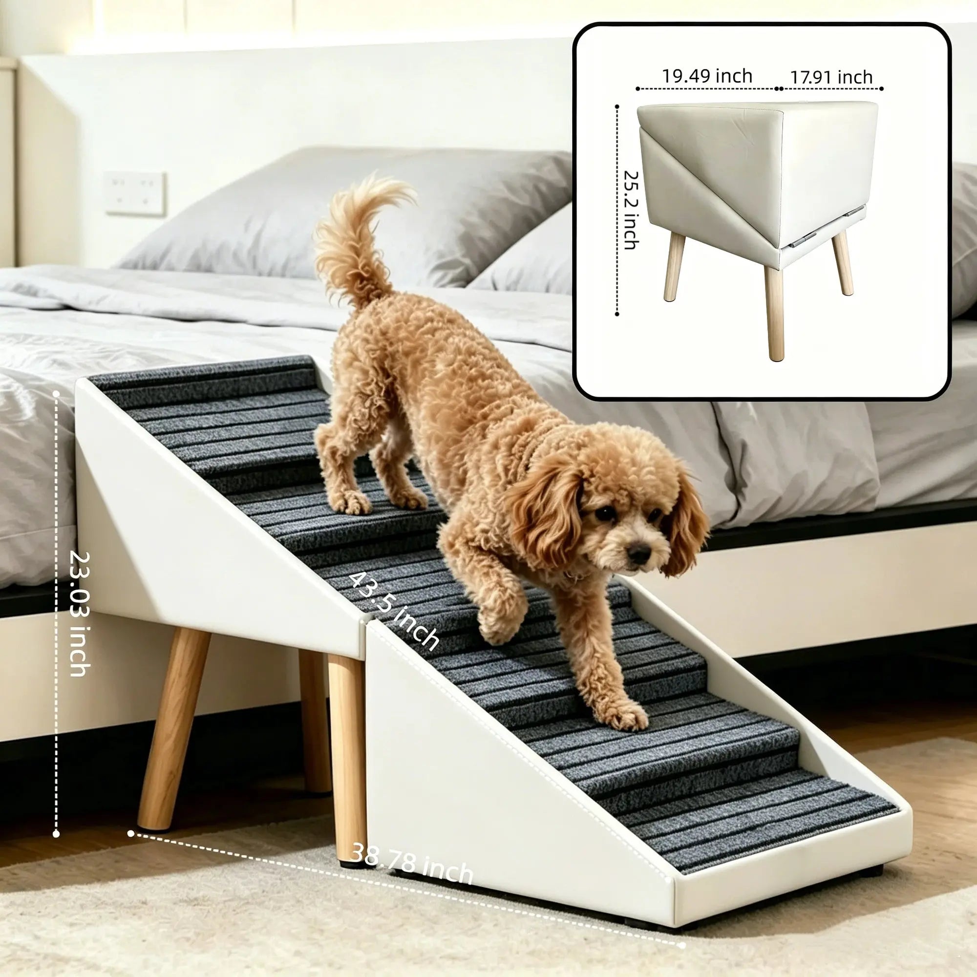 Beige six-step dog stairs open and folded dimensions