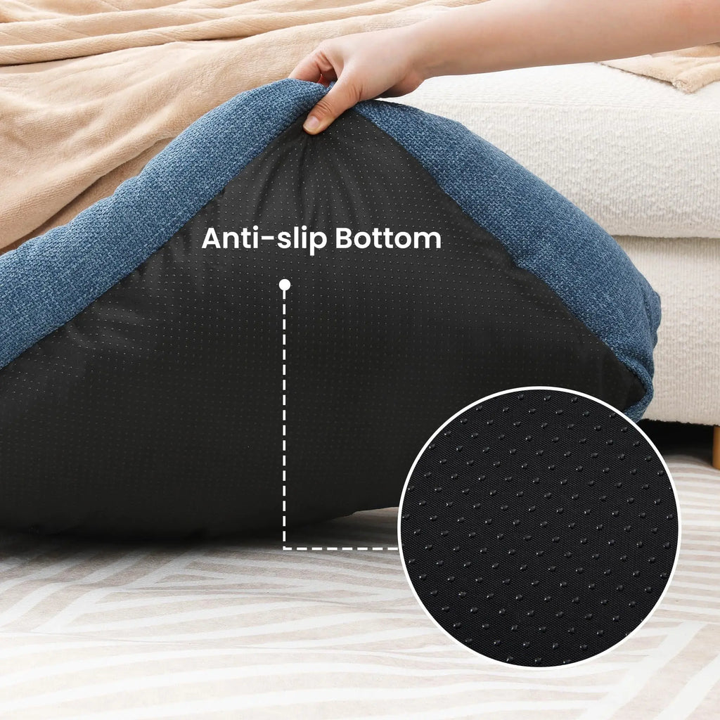 Non-slip bottom on blue bolster pet bed