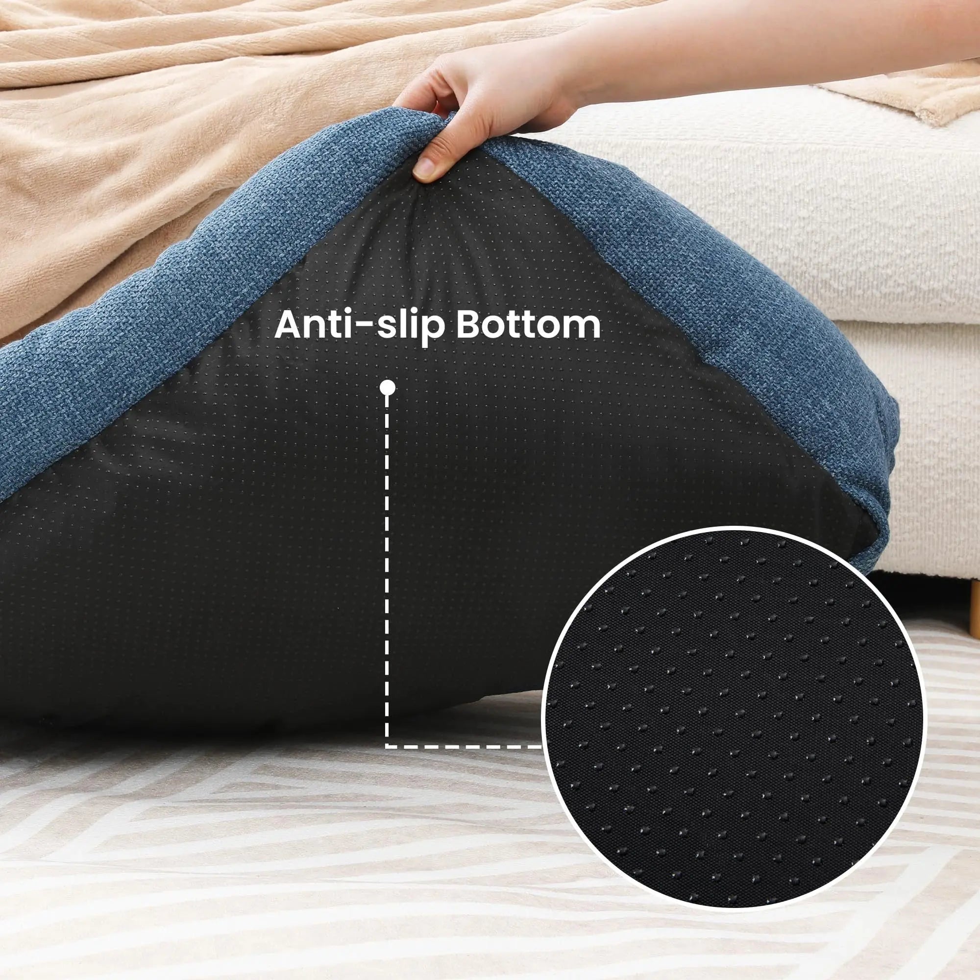 Non-slip bottom on blue bolster pet bed