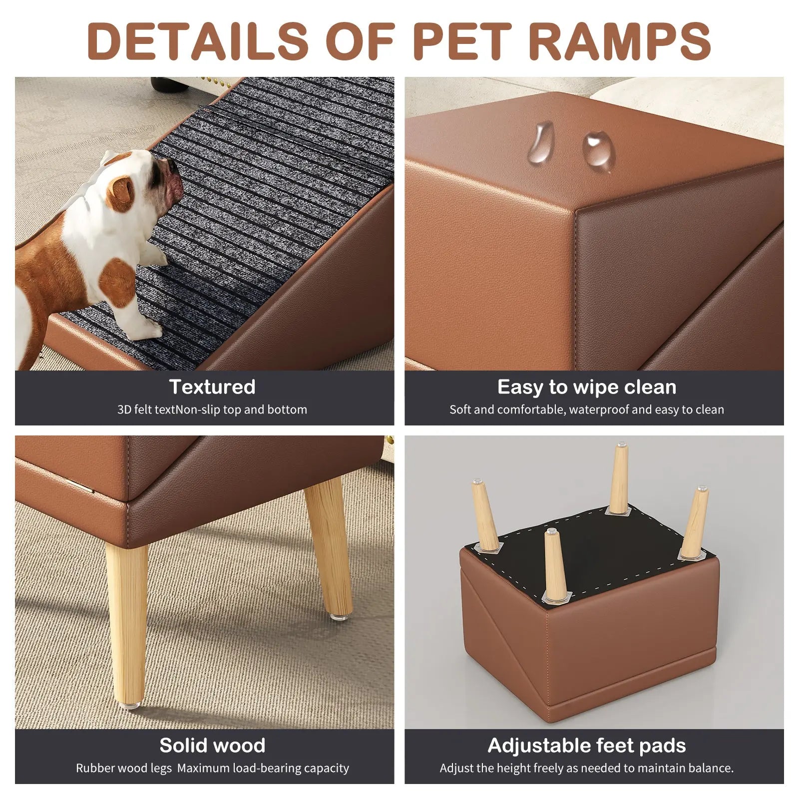 Brown pet ramp traction surface, wood legs and adjustable feet