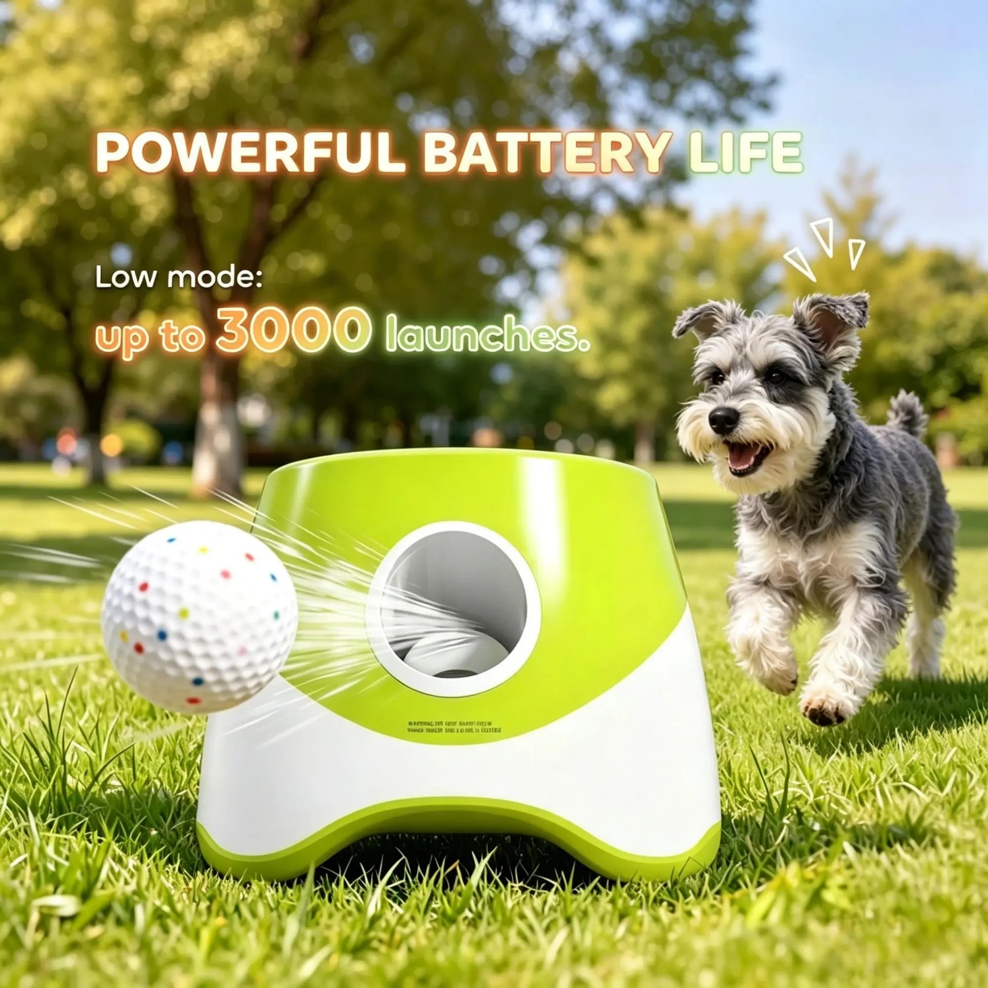Green automatic dog ball launcher rechargeable battery feature