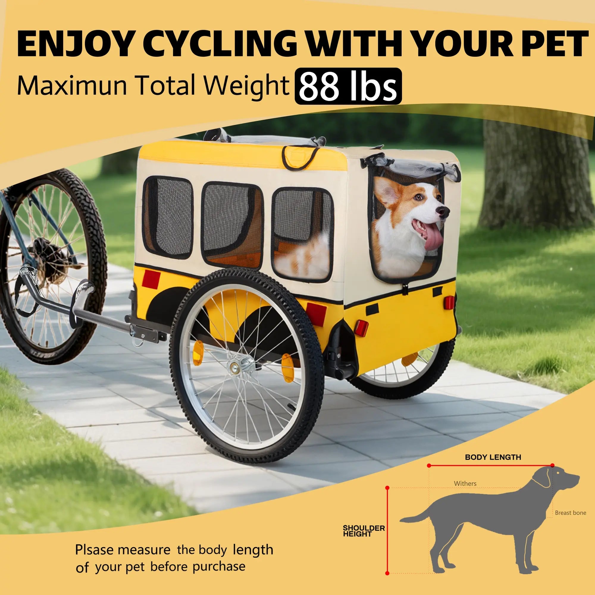 Yellow dog bike trailer with 88 lb maximum total load