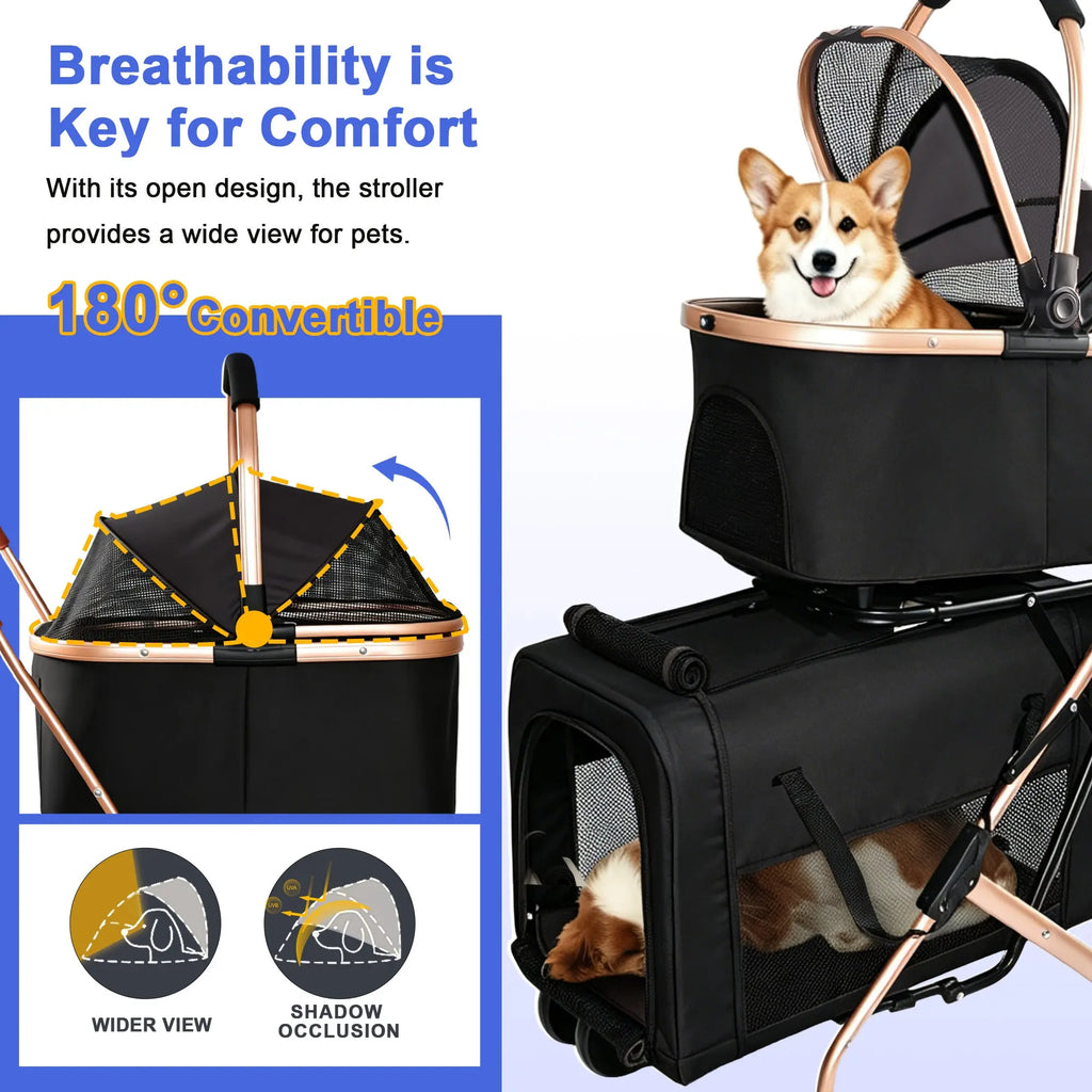 Breathable double pet stroller with adjustable canopy
