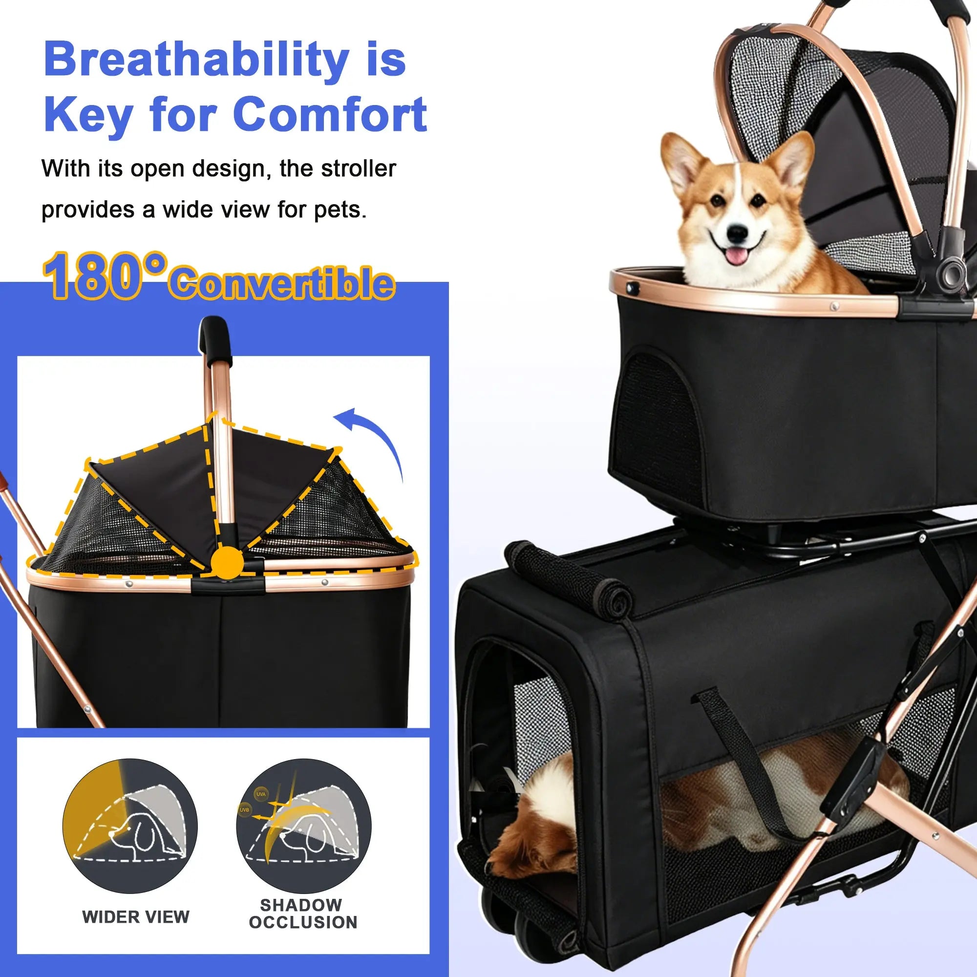 Breathable double pet stroller with adjustable canopy