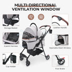 Gray pet stroller ventilation, cup holder, harness and brake details