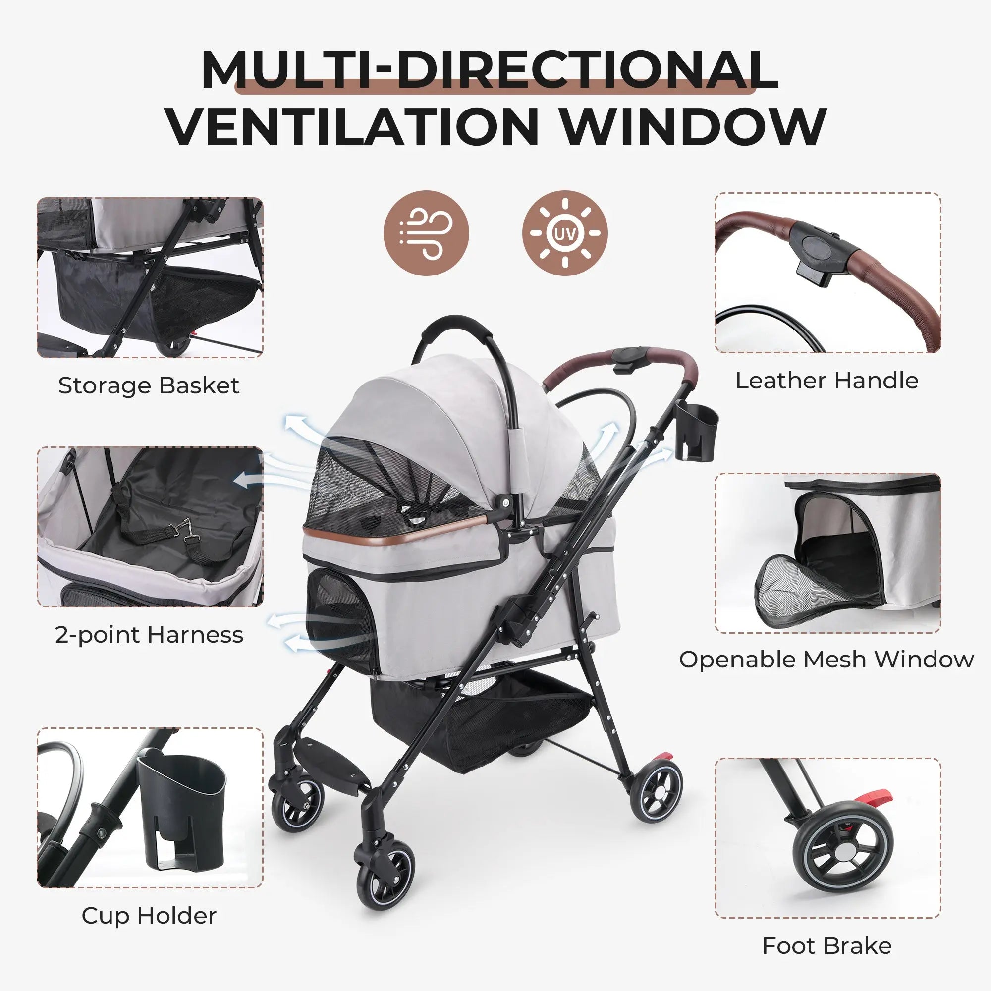 Gray pet stroller ventilation, cup holder, harness and brake details
