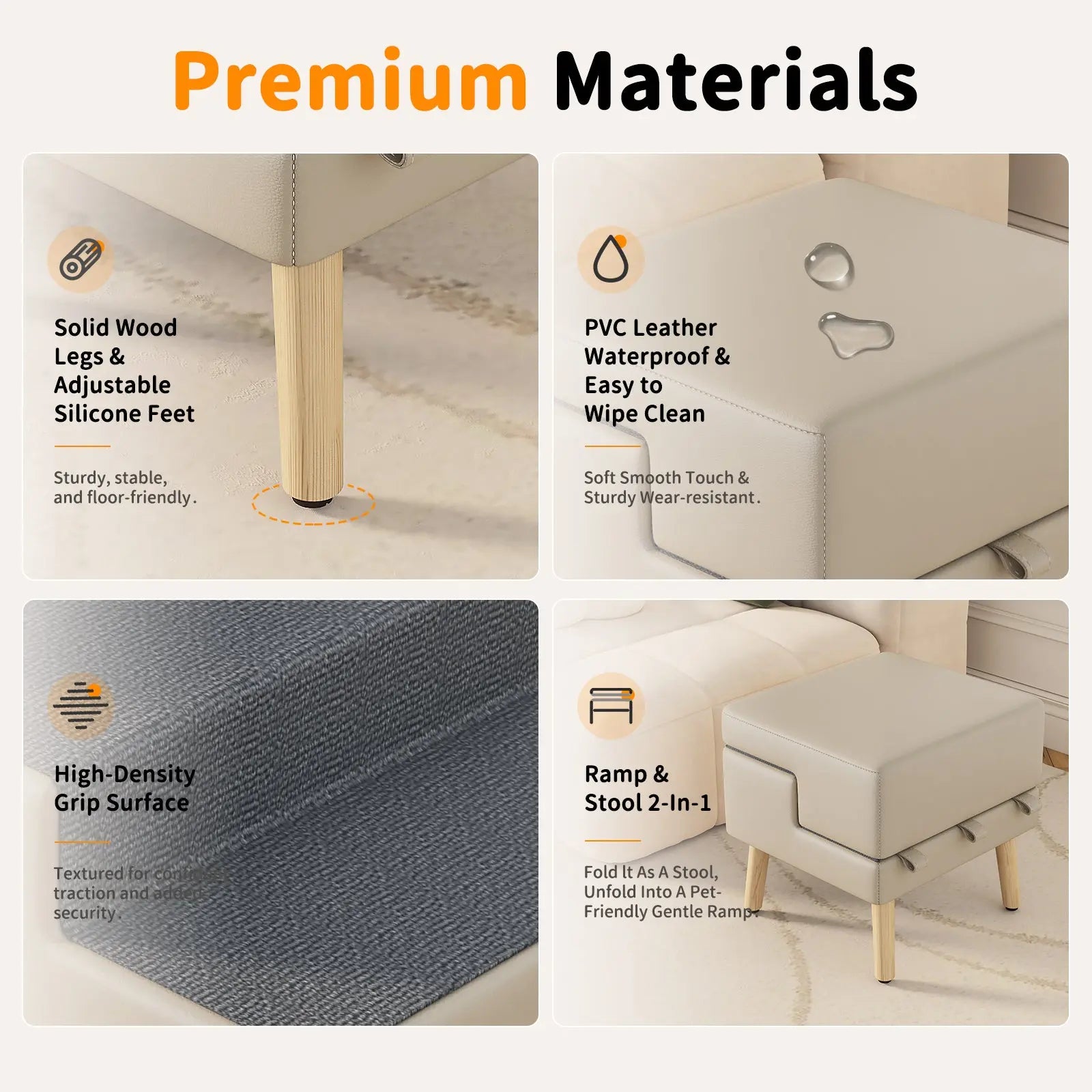 Light gray dog stairs wood frame, easy-clean surface and traction details