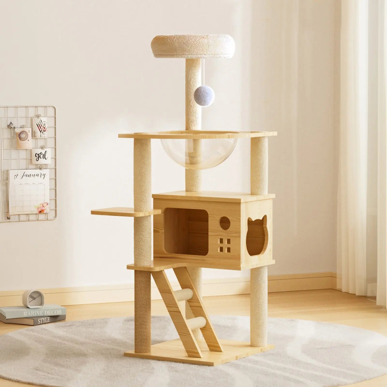Natural wood cat tower in a cozy modern home