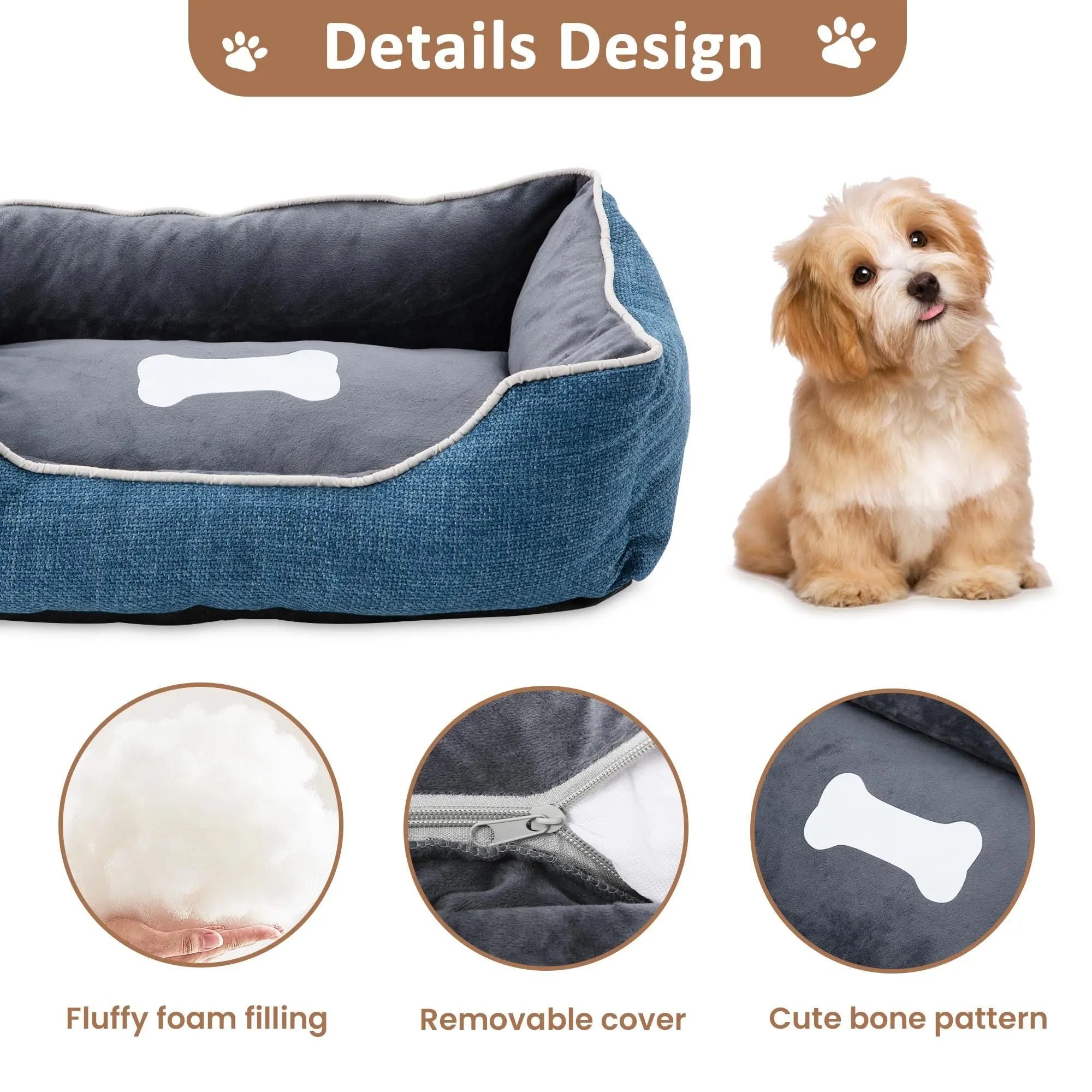 Blue pet bed foam filling and removable cover details